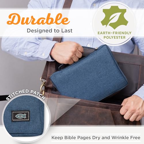 Image of Christian Art Gifts Men /Women's Bible Cover Jesus Fish, Blue Canvas, Large