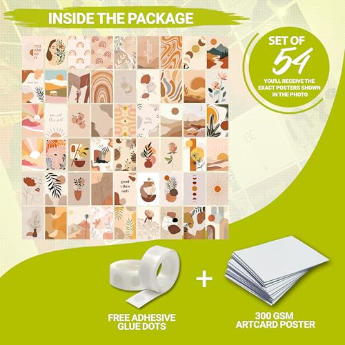Image of MODERN GALLERY MART Pack of 54 Boho Wall Collage Kit Posters - 4 x 6 Inches Posters for Wall Decoration - Wall Art For Bedroom, Office, Living room, Dorm room - Glue Dots Included