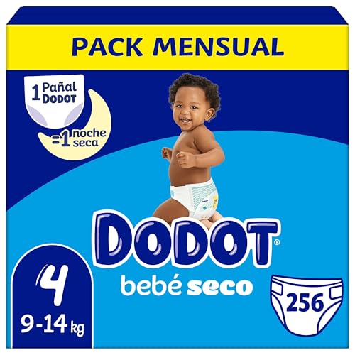 Dodot Pañales Bebé-Seco, Talla 4 (9-14 kg), 256 Pañales + Regalo de 1 Pack de 10 Toallitas Aqua Pure 99% Agua, Una Noche Hasta Un 100% Libre De Fugas, Pack mensual