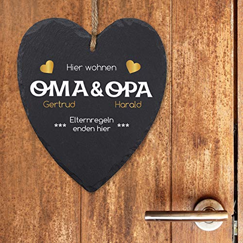 Geschenke 24 Schieferherz Oma und Opa "Elternregeln enden hier" (Gold, mit Personalisierung) - Schieferplatte mit Spruch für Großeltern - Eingangstür Haustür - Weihnachtsgeschenke für Oma und Opa