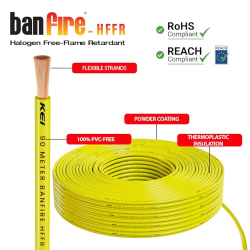 Image of KEI BANFIRE- HFFR 1.5 sqmm 1 Core 99.97% Pure Copper Conductor Heat Resistant Flame Retardant Low Smoke & Halogen - Lead Less House Wire for Domestic & Industrial Electrical Wiring (Yellow,90 Meters)