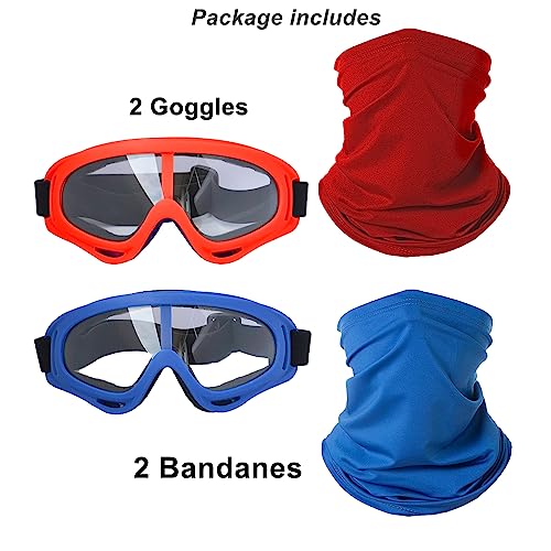 Image of LJDJ Motorcycle Goggles,2 Pack Dirt Bike ATV Motocross Riding Hiking Protective with 2 Pack Neck Breathable Bandana Mask (Red + Blue /Clear Lens)