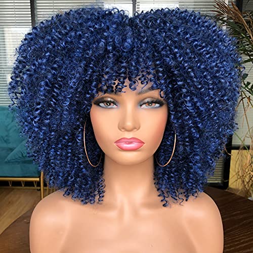 RunM Short Curly Afro Wig With Bangs for Black Women Kinky Curly Hair Wig Afro Synthetic Full Wigsï¼ˆBlueï¼‰