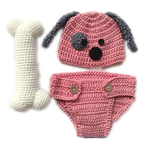 Preisvergleich Produktbild Linberfor Neugeborenes Baby Kleinkind Fotografie Requisiten Jungen Mädchen Stricken handgefertigte Welpen Hut Shorts mit Knochen (Rosig)