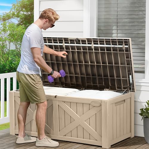 YITAHOME 150 Gallon Large Outdoor Storage Box with X-Shaped Front, Waterproof Resin Deck Box Cushion Storage Bench for Patio, Pool Supplies, Garden Tools- Lockable, Taupe - Thumbnail 4