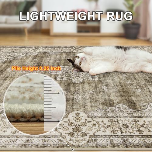Area Rugs 9x12 Living Room: Washable Rug Vintage Large Soft Boho Floral Non-Slip Carpet Indoor Floor Stain Resistant Thin Carpets for Bedroom Dining Room Farmhouse Nursery Home Office - Brown Grey