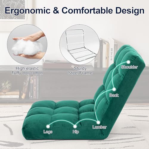 Image of Folding Floor Chair with Back Support, Adjust Lay Flat Recliner Oversized Lounge Wide Lazy Boy Gaming Ergonomic Single Sofa Seat for Living Room Bedroom(LRSF-012-GREEN)