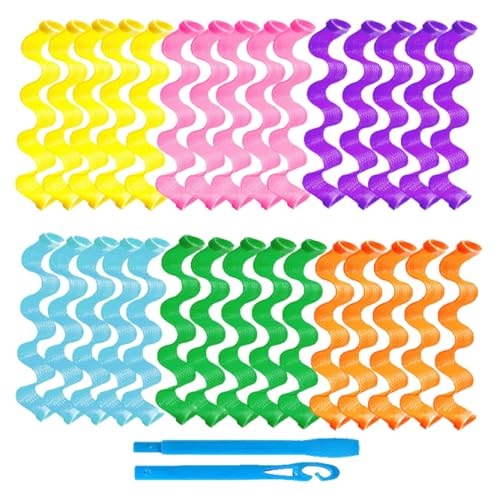 Zyiphor 30 Pièces Bigoudis en Spirale,Boucleur a Cheveux Sans Chaleur avec 2 Crochets de Coiffage,Créez des Vagues et Boucles Naturelles pour Toutes Les Longueurs de Cheveux (30cm)