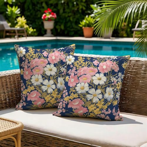 Housses de coussin imperméables 80x80 cm bleu décor fleuri lot de 2