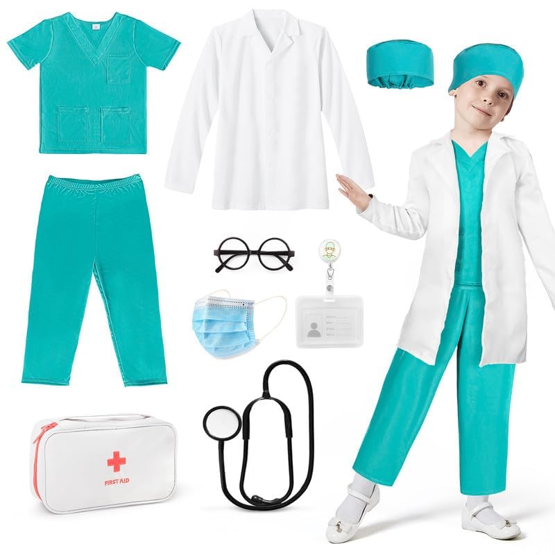 7 Pieces Child Doctor Costume, Carnival Costume Doctor Kids  Nurse Doctor Toy for Kit with Doctor's Case, Role Play for Girl Boys 3 4 5 6 7 8 9 10 Years Old (110)