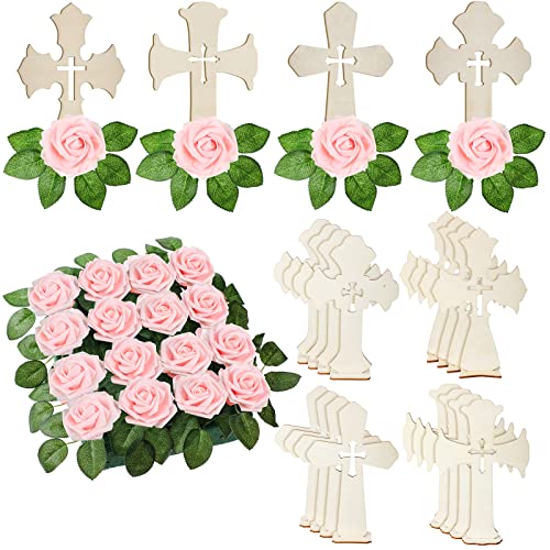 Weysat 16 Sets Wooden Crosses for Crafts Baptism Centerpieces for Tables Standing Wooden Cross with Base and Artificial Flowers Fake Roses First Communion Centerpieces for Wedding Home Decor(Pink)