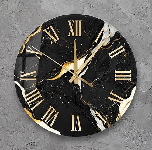 Adma Wall Art 14" Marbled Style Silent Wall Clock, Black,