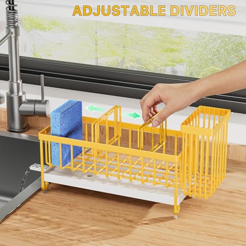Image of Cisily Sponge Holder for Kitchen Sink, Sink Caddy Organizer with High Brush Holder, Kitchen Countertop Organizers and Storage Essentials, Rustproof 304 Stainless Steel (Yellow, 9.25″)