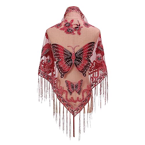 Lace Scarf Formal Shawls And Wrap For Evening Dresses Butterfly Embroidered Shawl Sheer Shawl With Fringe, Approx. 150x65cm/59.06x25.59in