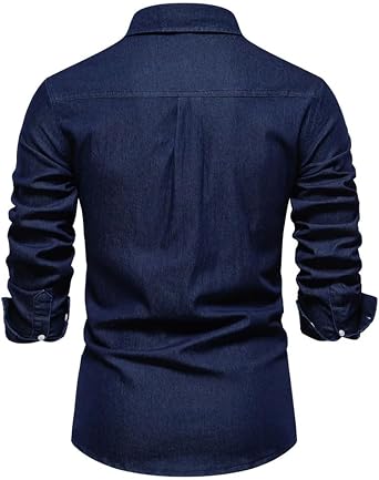 Men's Business Denim Shirt Cotton Elastic Casual Solid Vintage Pockets Slim Shirts