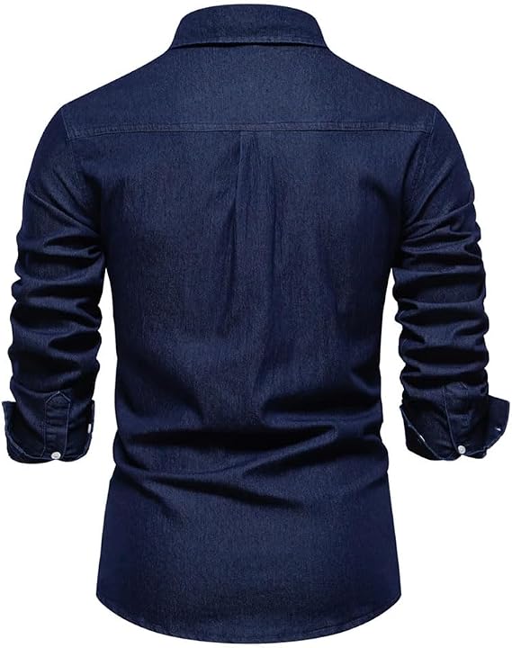 Men's Business Denim Shirt Cotton Elastic Casual Solid Vintage Pockets Slim Shirts