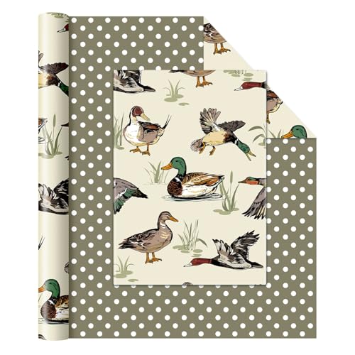 WERNNSAI Mallard Duck Wrapping Paper Roll - 1 Roll 17 x 33 ft Watercolor Animal Gift Wrap for Summer Birthday Baby Shower Cute Duck Green Polka Dot Design