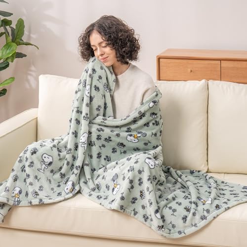 Image of Berkshire Blanket Peanuts VelvetLoft Cute Character Snoopy Plush Throw Blanket,Peanuts Snoopy & Woodstock New Flower and Bees Sage,Throw 55 in x 70 in (Official Peanuts Product)