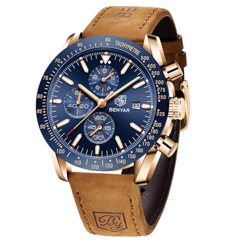BENYAR by Uhren Herren Analog Quarz Chronograph Herrenuhren Wasserdicht Leuchtende Datum Braun Lederband Armbanduhr Lässig Business-Kleid Uhren fur Männer Klassische Elegantes Geschenk