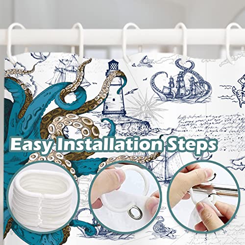 Aprophic Nautical Sailboat Octopus Shower Curtain For Bathroom Ocean Lighthouse Decorative Kraken Pirate Bath Curtain 72 X 72 Inch Waterproof Octopus Tentacles Bathroom Curtain With 12 Hooks #TOP6