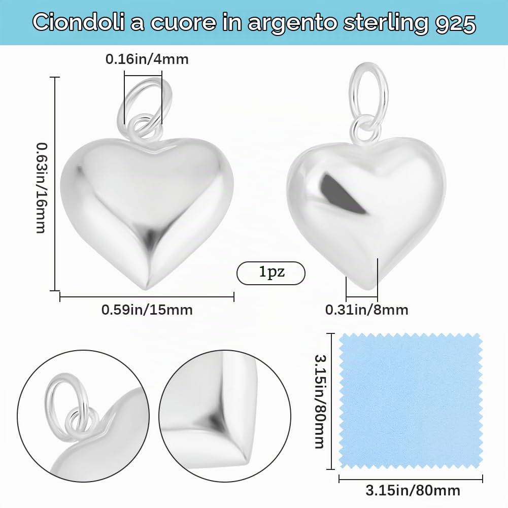 Beebeecart 1 Scatola di Piccoli Ciondoli A Forma di Cuore 925 ciondoli A Forma di Cuore 3D in Argento Sterling con Anelli di Congiunzione Ciondoli Pendenti A Forma di Cuoricini per La Creazione di