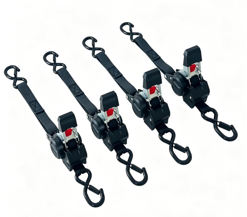 Lot de 4 Sangles à cliquet rétractables, 3 m x 25 mm, résistance à la Rupture de 700 kg, avec Crochets en S, pour déménagements, Kayaks, remorques, Motos, vélos et Plus Encore, Skis, Noir