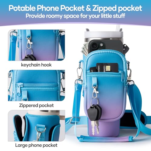 Image of linmaya Water Bottle Carrier Bag with Phone Pocket for Stanley Cup 40 /30oz,Insulated Neoprene Water Bottle Holder Cross-boday Bag with Adjustable Shoulder & Handheld Strap Stanley Cup Accessories