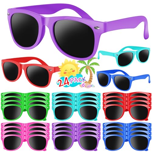 Kids Sunglasses Bulk, 24 Pack Neon Sunglasses for Boys and Girls Age 3-10 - Gift for Birthday, Graduation, Pool Party Favors