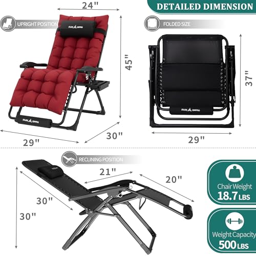 Image of UDPATIO Oversized Zero Gravity Chair Patio Reclining Chairs with Cushion | 29In Set of 2 Outdoor Folding Recliner with Pillows,Cup Holder, Foot Rest, Detachable Pad, Locking Burgundy-xl