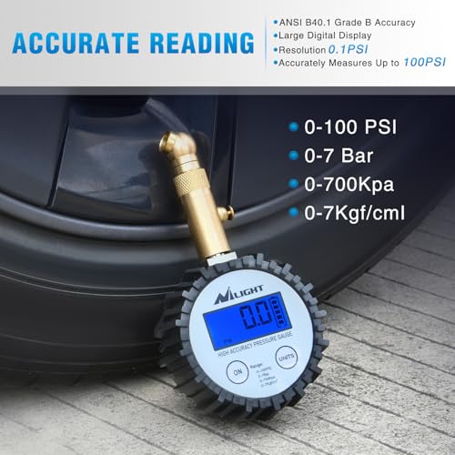 Image of Nilight Digital Tire Pressure Gauge 100PSI Heavy Duty Stainless Steel Air Chucks ANSI 2A Certified Large Dial Wheel Service Checker for Truck Semi Truck ATV Motorhome Cars & RV Accessories