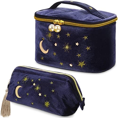 Patelai 2 Pcs Velvet Makeup Bag Moon Star Cosmetic Bag, Navy Blue
