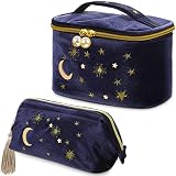 Patelai 2 Pcs Velvet Makeup Bag Moon Stars Cosmetic Bags Navy Blue Goth Embroidered Makeup Pouch Portable Travel Starry Pouch Toiletry Wash Bags Cute Storage Clutch Handbags for Women Gifts