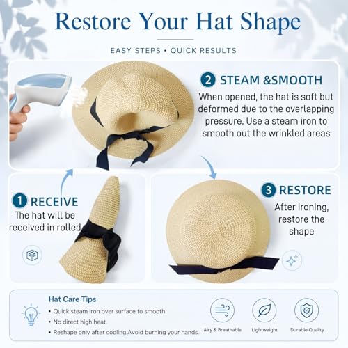 Sombrero de paja para mujer con ala ancha y protección solar miniatura 5