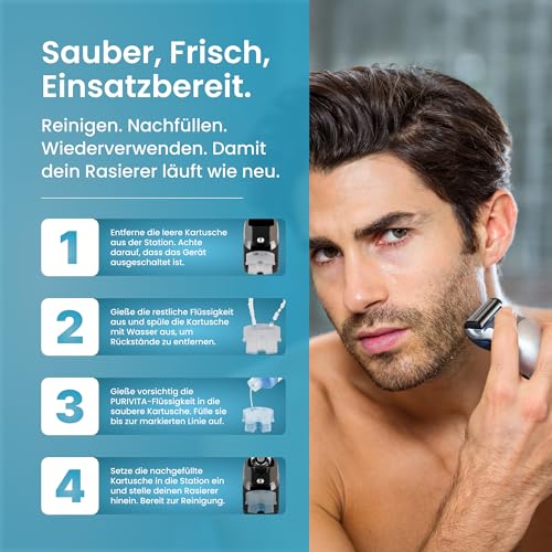 PURIVITA® Scherkopfreiniger Nachfüllflüssigkeit [500ML] - Scherkopfreiniger Kompatibel mit verschiedenen Reinigungskartuschen - Rasierer Reinigungsflüssigkeit Braun Clean & Renew Reinigungskartuschen