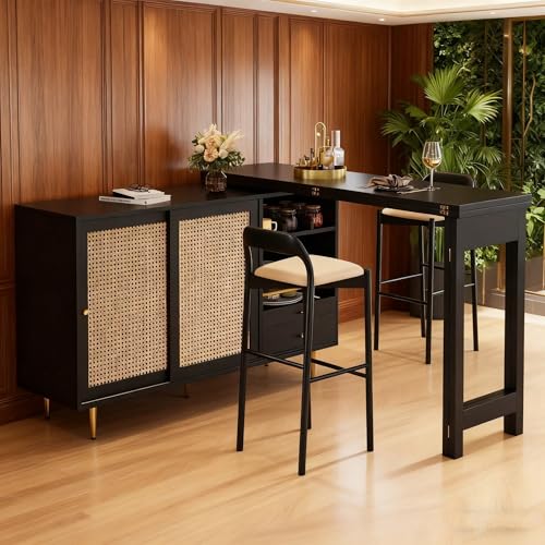 Mesa alta giratoria multifuncional – Espejo giratorio y almacenamiento regulable en altura con puerta de ratán, ideal para cocina o comedor (negro)