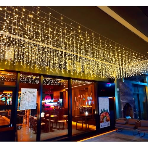 FATONESA LED Icicle Christmas Lights, 16.4FT 112 LEDs Extendable Curtain 8 Modes Twinkle Novelty Christmas Long Window Dangling Fairy String Lights Outdoor Indoor, Warn White, 5M04