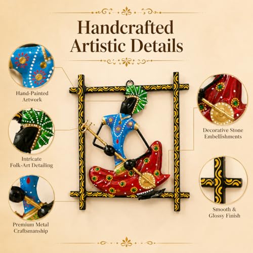 Image of iHandikart Handmade Metal Wall Art Sculpture for Home Decor | Traditional Rajasthani Musician Wall Hanging | Hand-Painted Iron Wall Art with Stone Work | Wall Art for Living Room & Bedroom | 9 x 9 Inch