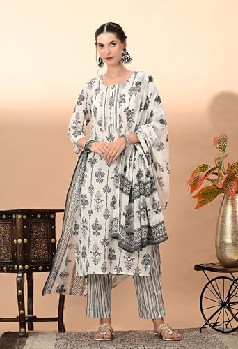 Image of Amazon Brand - Tavasya Women Cotton Anarkali Kurta Pant Dupatta Set | Printed Ethnic Suit Set | Flared Anarkali Kurta with Pant & Dupatta | Festive & Casual Wear