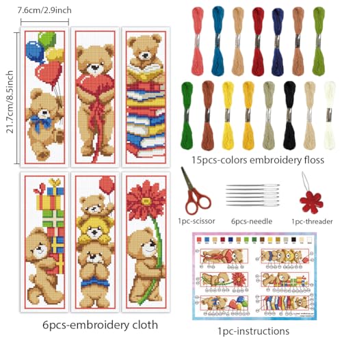 Image of INFUNLY 6PCS Brown Bear DIY Cross Stitch Bookmark Kits 8.5 inchx2.9 inch Cute Bear Stamped Embroidery Kits with Instructions Balloons Gift Box Needlepoint Bookmark Kits for Book Lovers Readers Writers