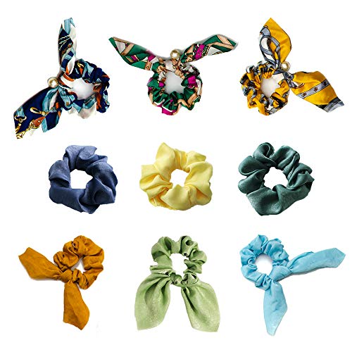 Yepei Bow Scrunchies For Thick Hair Women'S Elastic Ponytail Holder Silk Patterned Scarf Rabbit Ear Floral Satin Scrunchy Hair Ties For Vsco Girls Yellow Blue Green Bobbles Hair Bands 9Pcs (9 silk)