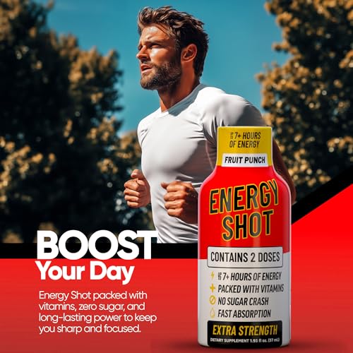 Image of Fruit Punch Extra Strength Energy Shot 10 PK - 260mg Natural Caffeine B12 B6 - Energy & Focus Support - 2 Servings Sugar Free Zero Calorie Green Tea B-Vitamins Electrolytes Vegan - 1.93 fl oz
