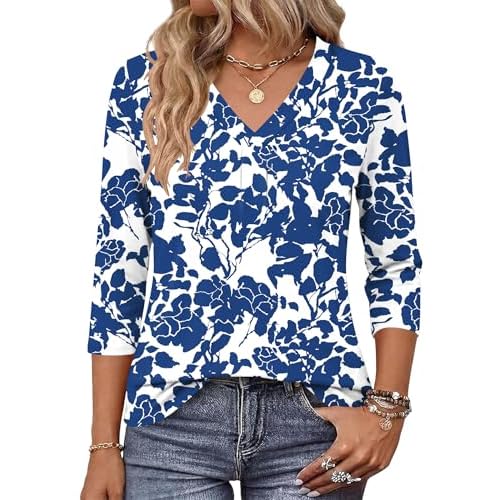AKEWEI Women's 3/4 Length Sleeve Boho Tops V Neck Casual Vacation Clothes Loose Fit Tunic Shirts S-2XL
