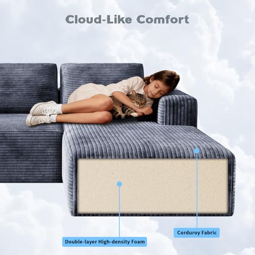Image of 106 inch Corduroy Sectional Couch, Boneless L Shaped Couch with Deep Seat, Cloud Foam Sofa with Oversized Chaise, Sectional Sofa No Assembly Needed for Living Room