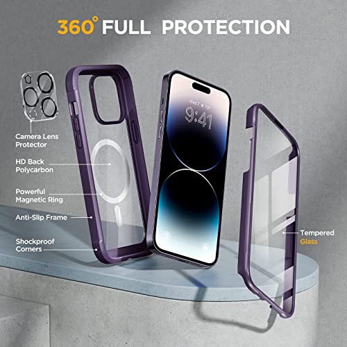Image of Miracase Magnetic for iPhone 14 Pro Max Case 6.7 inch, (Compatible with MagSafe) Upgrade Full-Body Clear Phone Bumper Case with Built-in 9H Tempered Glass Screen Protector, Magnetic Purple