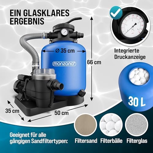 Bild 5 - MONZANA® Sandfilteranlage 13.200L/h bis 58.000L Pool Vorfilter 7-Wege-Ventil 600W 30L Tank 2in1 Adapter Ø32-38mm Filteranlage Poolfilter Sandfilter