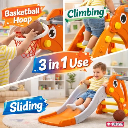 Image of Storio Toddler Small Size Slide with Basketball Hoop Dolphin Themed Indoor & Outdoor for Kids Ages 1-2 | Orange | Safe, Sturdy & Fun Playset | Easy Assembly Toddler Slide for Boys & Girls