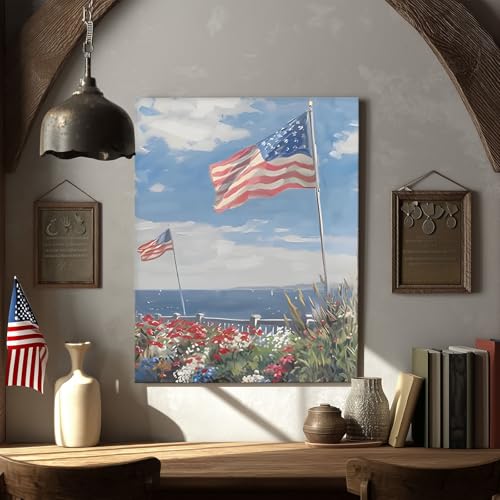 Image of Memorial Day Canvas Wall Art, Seaside American Flag Print, Patriotic Coastal Landscape with Flowers and Sky Vintage Framed Oil Painting, Independence Day Summer Beach House Wall Decor 8x10inch