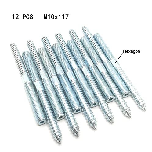 Image of Hanger Bolt M10x117 Silvery Double Headed Bolt Self-Tapping Screw with Hexagon for Furniture 12Pcs