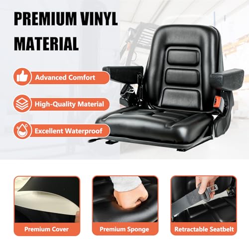 Image of TICSEA Universal Forklift Seat, Tractor Seat with Adjustable Angle Back, Armrest And Safety Belt,for Tractor, Excavator Skid Loader Backhoe Dozer Telehandler