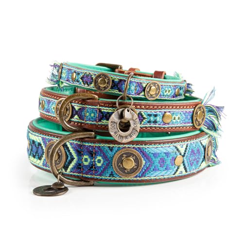 Dog with a Mission - Hundehalsband M | Farbenfroh in Blau und Türkis | Boho, Ethno, Ibiza, Hippie | Für mittelgroße Hunde | Handgemacht | Modisch und Bunt | Aus weichem Echtes Leder | 2,5 cm Breit